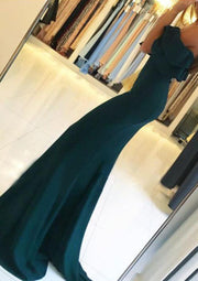 Off Shoulder Ruffles Split Drak Green Satin Trumpet Formal