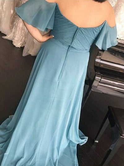 Off Shoulder Sweetheart Ruched Chiffon Long Sweep Train