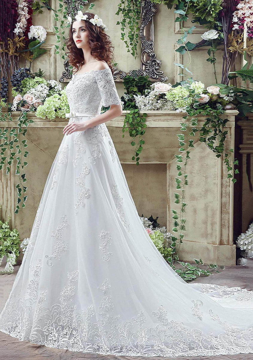 Off The Shoulder White Tulle Lace Wedding Dress Y754 main image 1