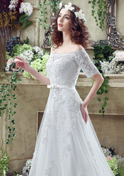 Off Shoulder White Princess A-line Lace Tulle Wedding Dress