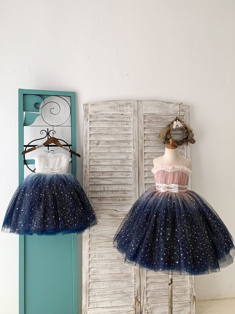 Ombre Pink / Navy Star Tulle Wedding Flower Girl Dress Kids