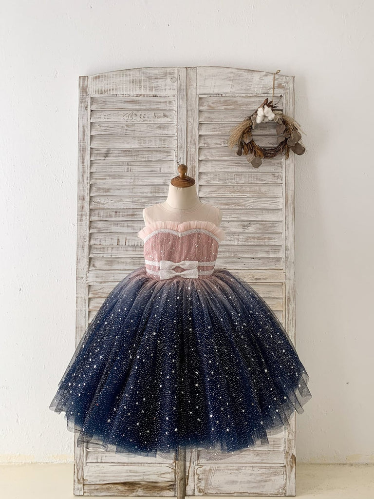 Ombre Pink / Navy Star Tulle Wedding Flower Girl Dress Kids