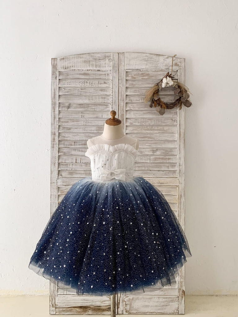 Ombre Pink / Navy Star Tulle Wedding Flower Girl Dress Kids