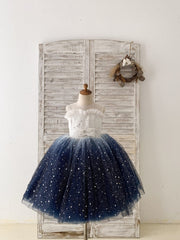 Ombre Pink / Navy Star Tulle Wedding Flower Girl Dress Kids