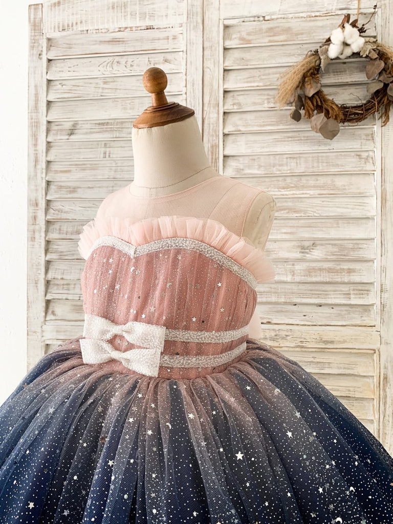 Ombre Pink / Navy Star Tulle Wedding Flower Girl Dress Kids