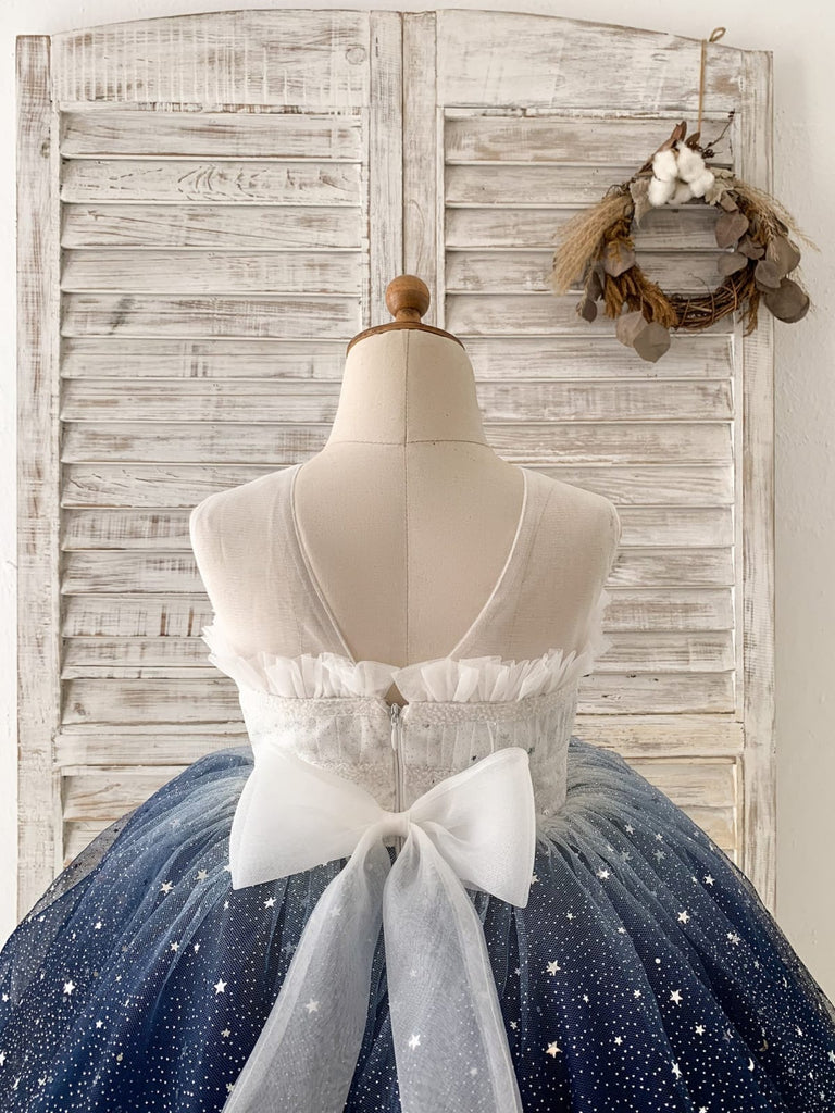 Ombre Pink / Navy Star Tulle Wedding Flower Girl Dress Kids