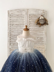 Ombre Pink / Navy Star Tulle Wedding Flower Girl Dress Kids