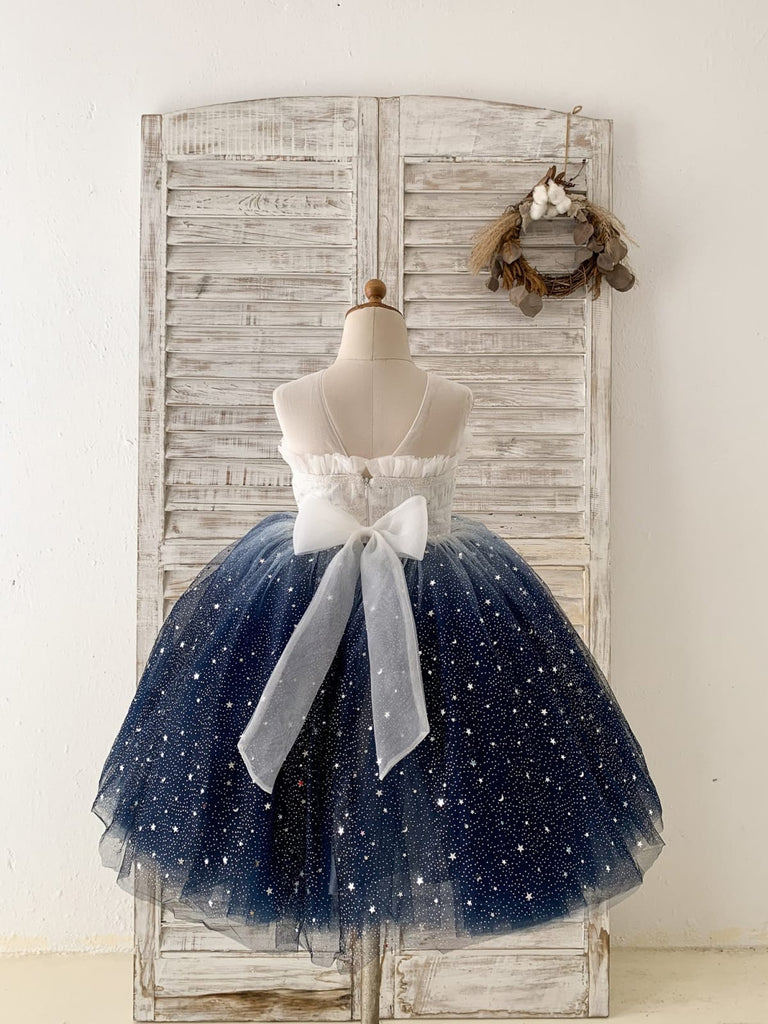 Ombre Pink / Navy Star Tulle Wedding Flower Girl Dress Kids