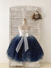 Ombre Pink / Navy Star Tulle Wedding Flower Girl Dress Kids