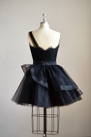 One Shoulder Black Lace Tulle Short Knee Prom Dress Cocktail