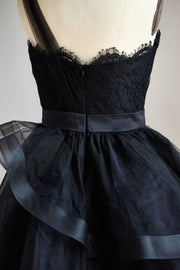 One Shoulder Black Lace Tulle Short Knee Prom Dress Cocktail
