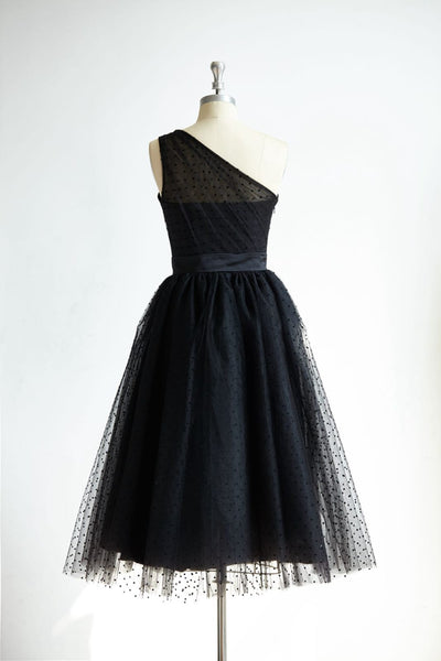 One Shoulder Black Polk Dot Tulle Short Tea Length Prom