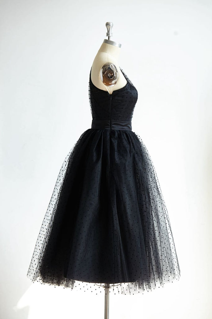 One Shoulder Black Polk Dot Tulle Short Tea Length Prom