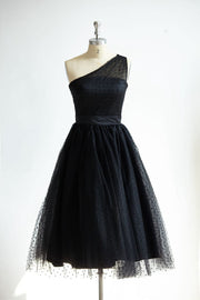 One Shoulder Black Polk Dot Tulle Short Tea Length Prom 