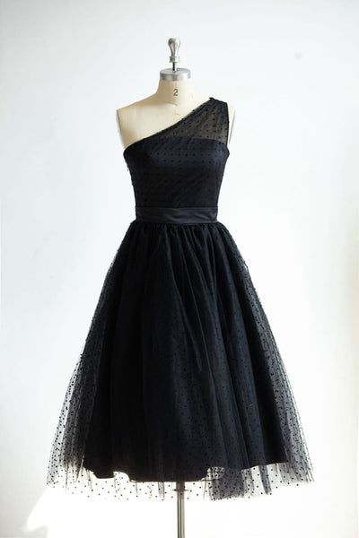 One Shoulder Black Polk Dot Tulle Short Tea Length Prom
