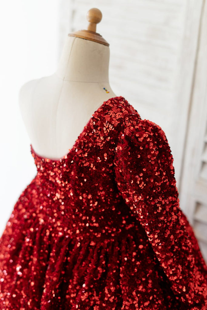 One Shoulder Burgundy Sequin Long Sleeves Wedding Flower