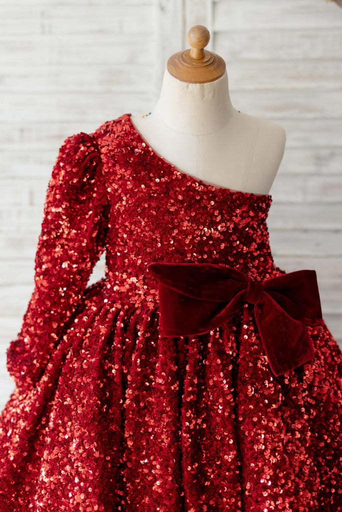 One Shoulder Burgundy Sequin Long Sleeves Wedding Flower