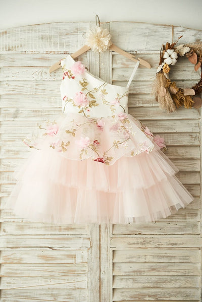 One Shoulder Floral Organza Pink Tulle Cupcake Wedding