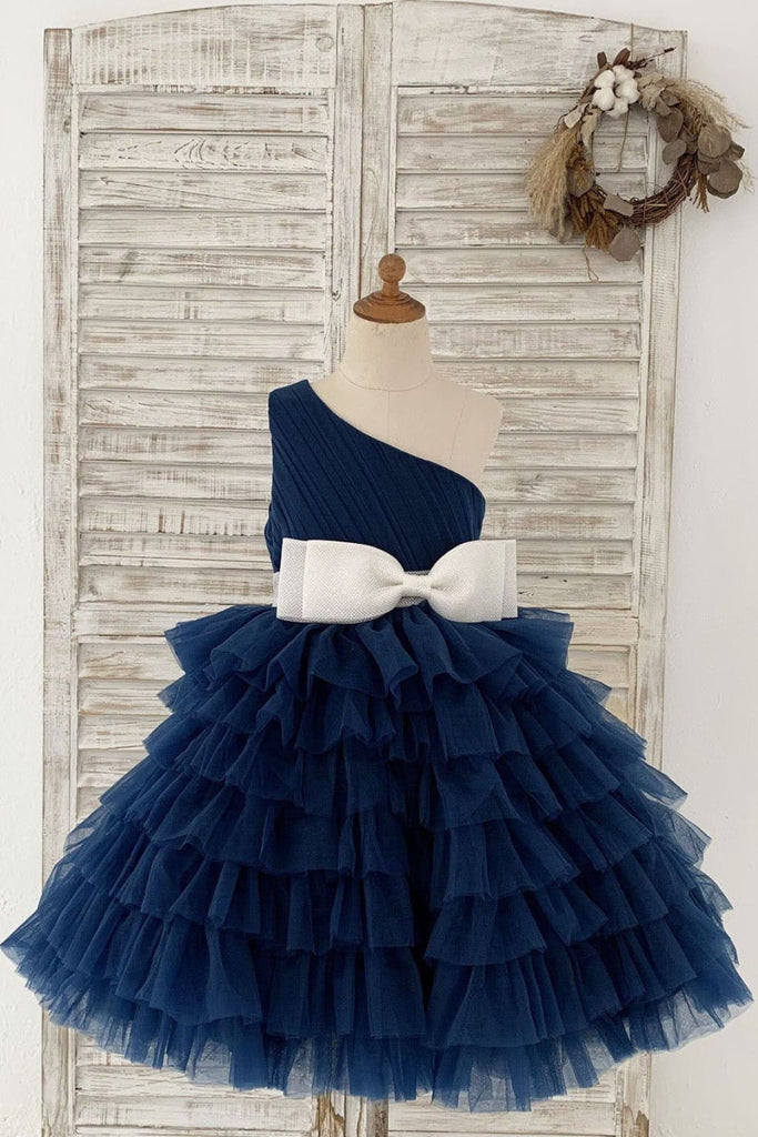 One Shoulder Navy Blue Cupcake Tulle Wedding Flower Girl