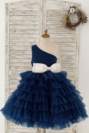 One Shoulder Navy Blue Cupcake Tulle Wedding Flower Girl