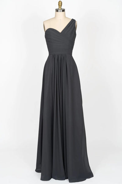 One Shoulder Pleated Bodice Black Chiffon Long Bridesmaid