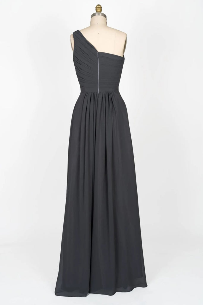 One Shoulder Pleated Bodice Black Chiffon Long Bridesmaid