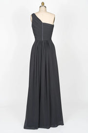 One Shoulder Pleated Bodice Black Chiffon Long Bridesmaid