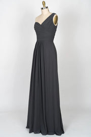 One Shoulder Pleated Bodice Black Chiffon Long Bridesmaid
