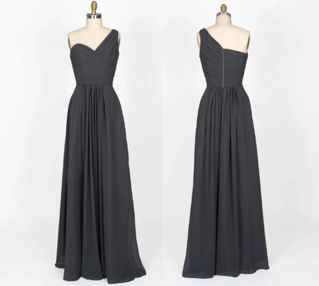 One Shoulder Pleated Bodice Black Chiffon Long Bridesmaid