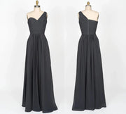 One Shoulder Pleated Bodice Black Chiffon Long Bridesmaid