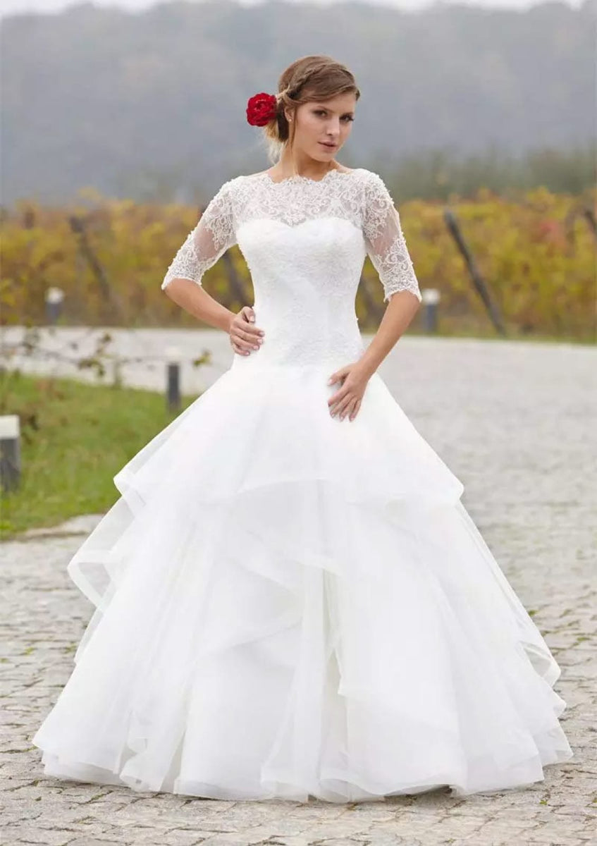 Gorgeous Bateau Long Sleeves Floor-length Ball Gown Wedding Dress with Ruffles