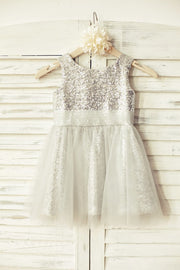 Peach Pink Sequin Tulle Flower Girl Dress - 2T / Silver
