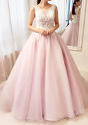 Perlenrosa Ballkleid Bateau-Spitze Tüll Hochzeit Ballkleid