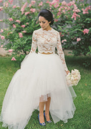 Two Piece Long Sleeve Ball Gown Lace Tulle High Low Wedding