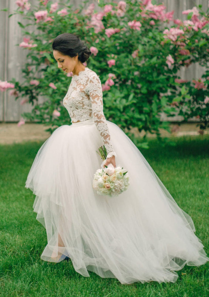 Two Piece Long Sleeve Ball Gown Lace Tulle High Low Wedding