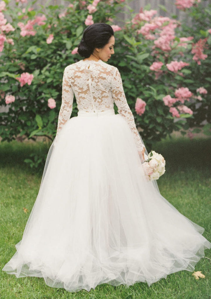 Two Piece Long Sleeve Ball Gown Lace Tulle High Low Wedding