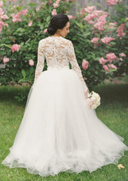 Two Piece Long Sleeve Ball Gown Lace Tulle High Low Wedding