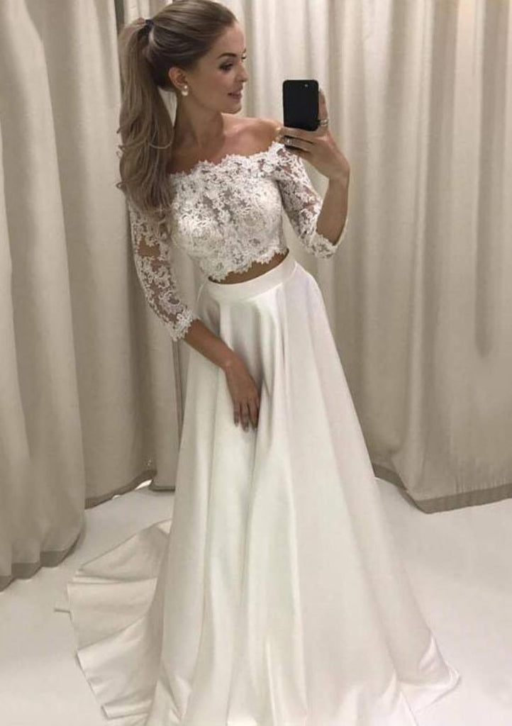Two Piece Off Shoulder 3/4 Sleeve Lace Appliqued Satin