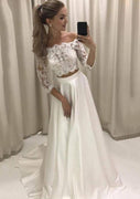 Two Piece Off Shoulder 3/4 Sleeve Lace Satin Bridal Dress