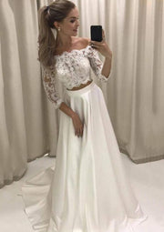 Two Piece Off Shoulder 3/4 Sleeve Lace Appliqued Satin