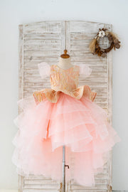 Pink Jacquard Hi Low Tulle Wedding Flower Girl Dress Kids