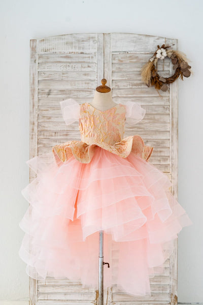Pink Jacquard Hi Low Tulle Wedding Flower Girl Dress Kids