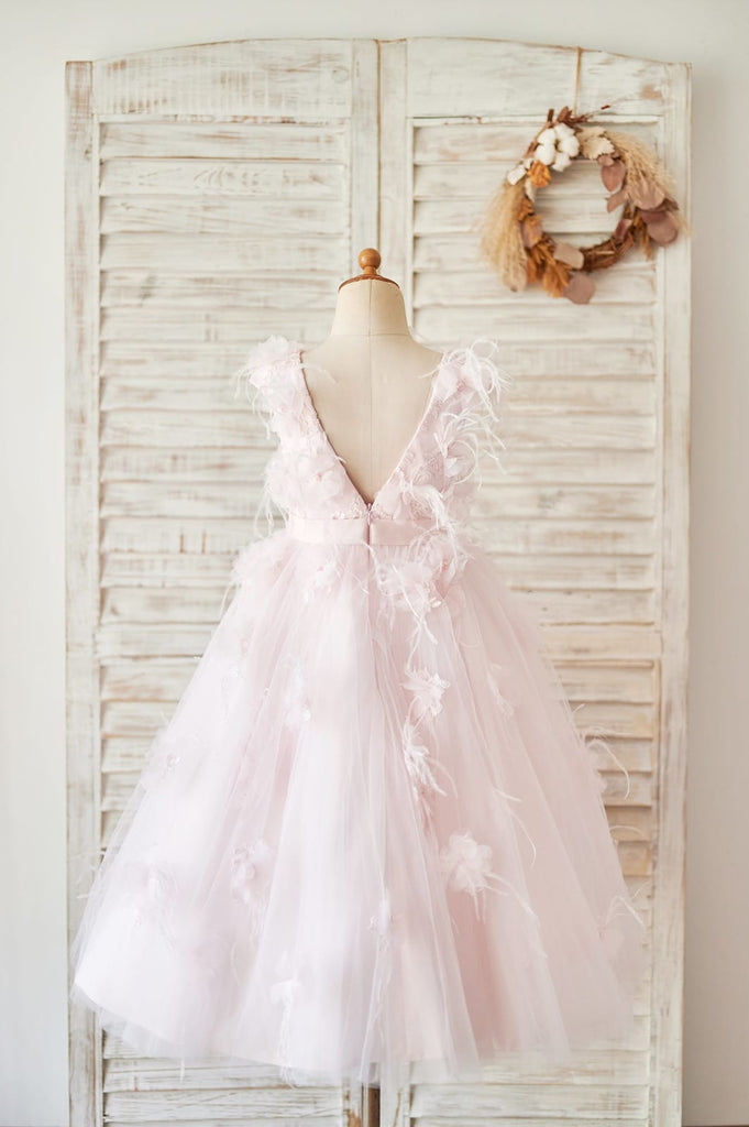 Pink Lace Tulle V Back Wedding Flower Girl Dress with