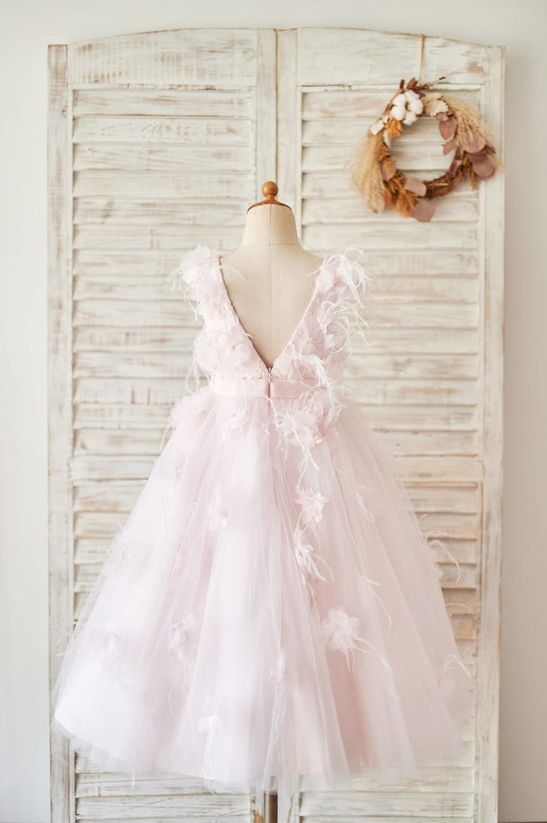 Pink Lace Tulle V Back Wedding Flower Girl Dress, Feather - Princessly