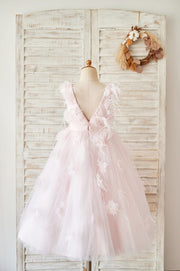 Pink Lace Tulle V Back Wedding Flower Girl Dress with