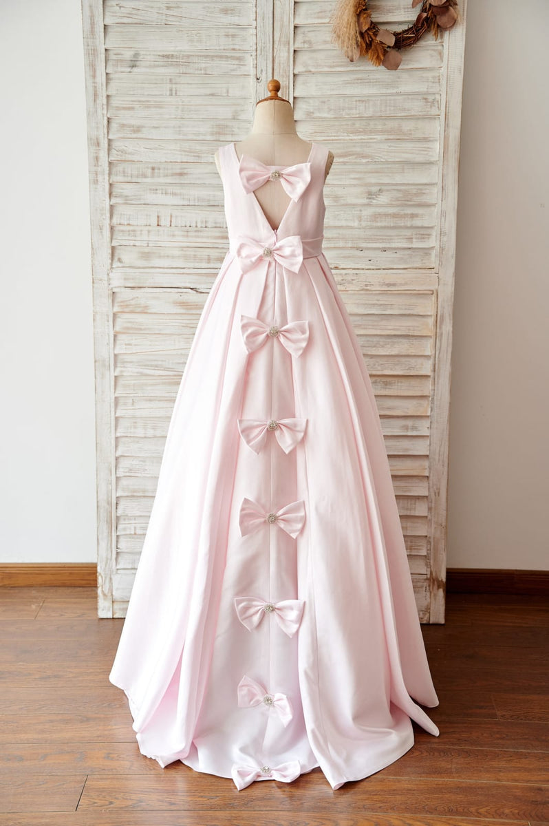 Pink Rosette Tulle V Back Wedding Flower Girl Dress