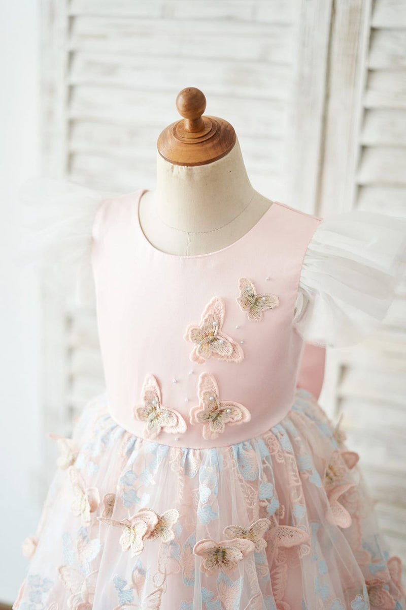 Pink Satin Butterfly Tulle Ruffles Cap Sleeves V Back Wedding Flower G ...