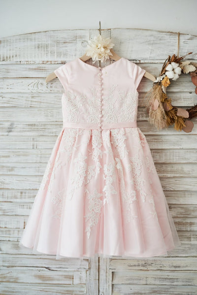 Pink Satin Ivory Tulle Lace Cap Sleeves Wedding Flower Girl