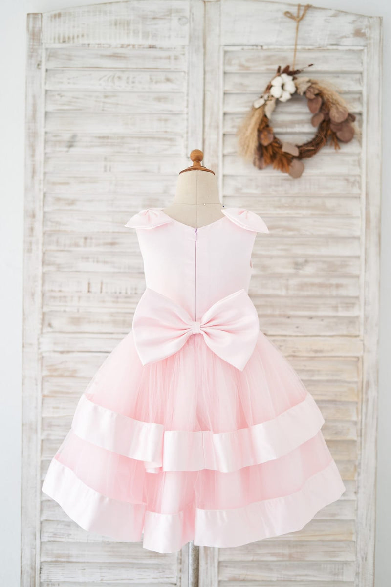 Pink Satin Tulle Cupcake Wedding Flower Girl Dress Kids Formal Dress ...