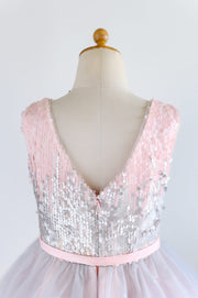 Pink Silver Gray Sequin Tulle V Neck Wedding Flower Girl 